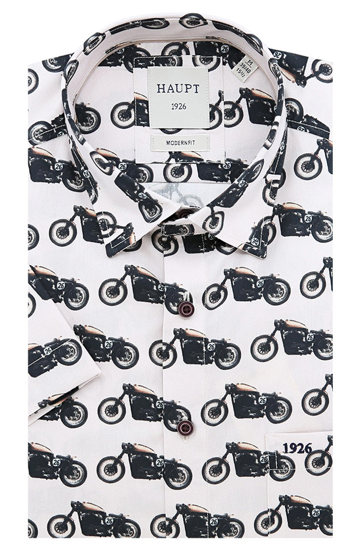 Haupt Men’s Short Sleeve Shirt in Black Motorcycle Print  – Mondo Uomo Fine Menswear