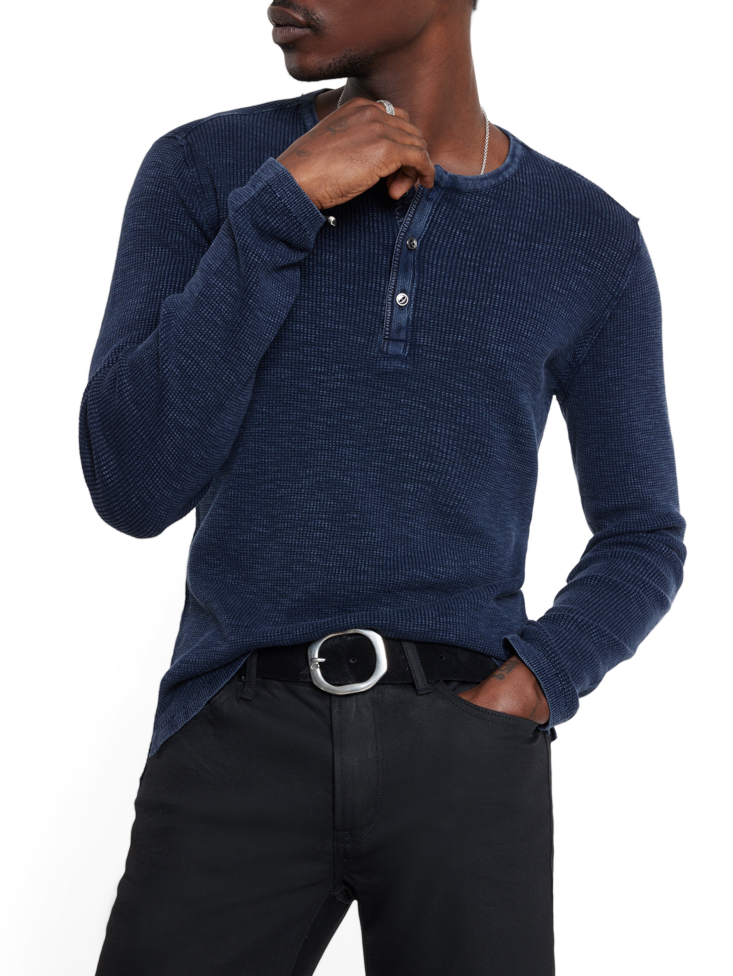 John Varvatos Memphis Men’s Navy Waffle Henley Long Sleeve On Model