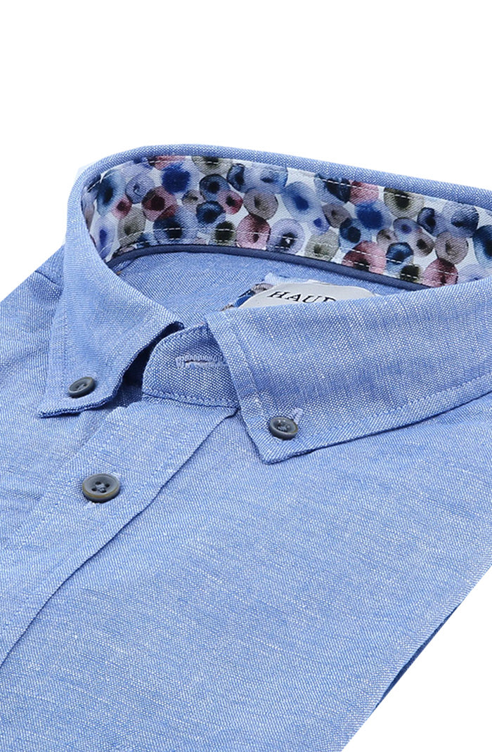 Haupt Men's Short Sleeve Shirt in Classic Blue with Floral Accent 8070 S/S Close Up