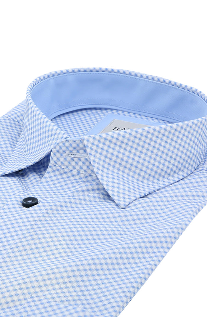 Haupt Men’s Blue Micro Gingham Long Sleeve Shirt Close Up 9012-2314