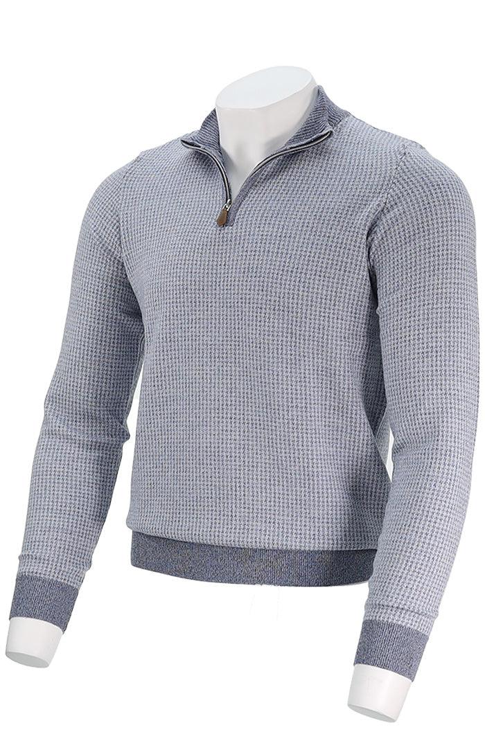 Stenstroms Merino Wool Men’s Half Zip Sweater in Light Blue with Ribbed Edges Angled View - Mondo Uomo