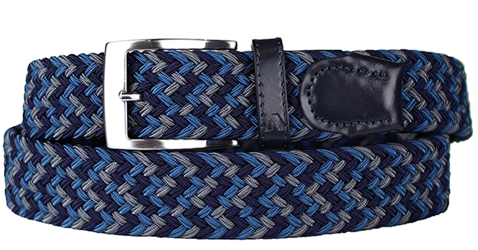 Alberto Men’s Braided Stretch Fabric Belt in Blue Black and Gray with Silver Buckle - Mondo Uomo