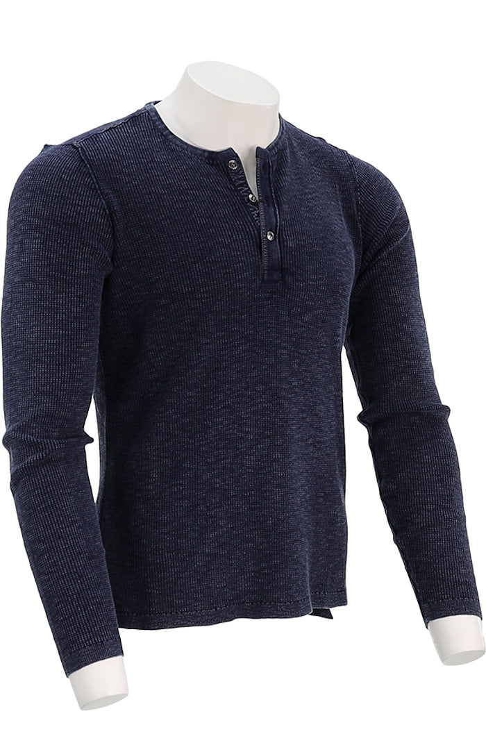 John Varvatos Memphis Men’s Navy Waffle Henley Long Sleeve Side Angle – Memphis