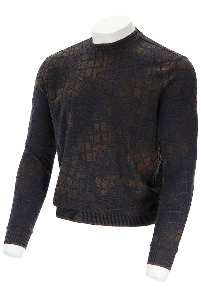 Marcello Men’s Chocolate Shaded Tac Sweater with Geometric Pattern Angled View– Mondo Uomo