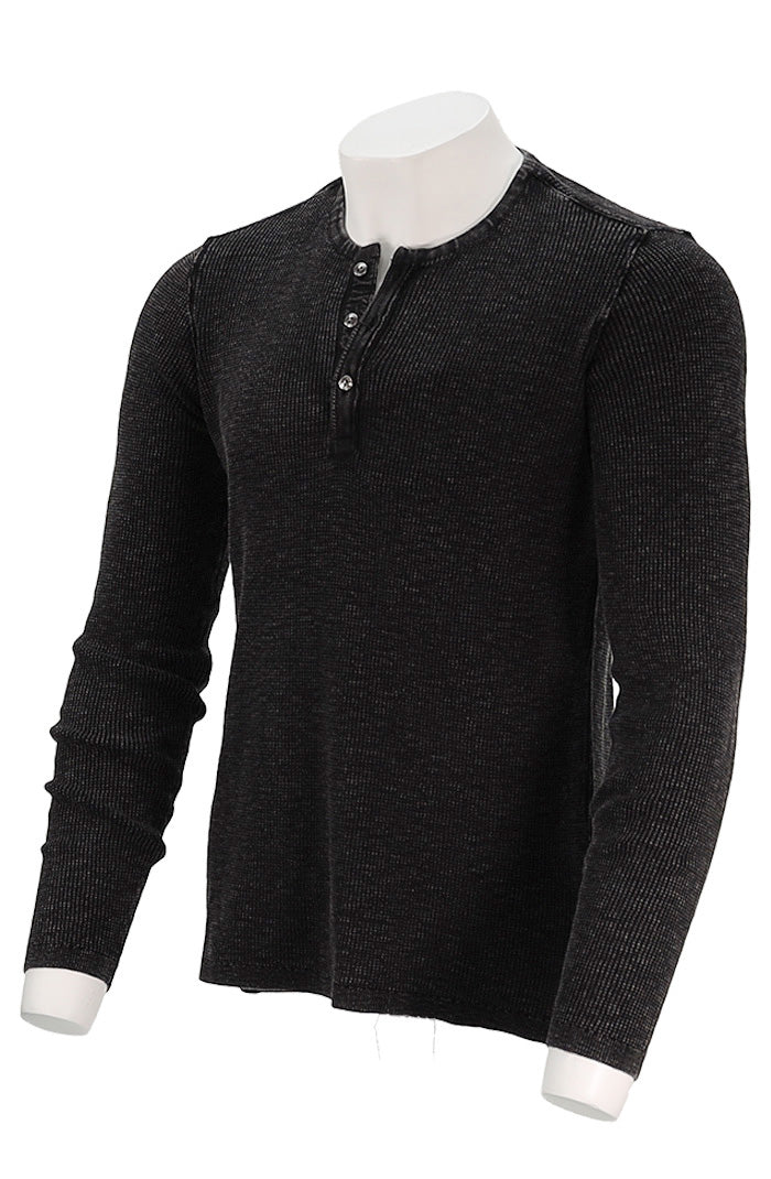 John Varvatos Memphis Men’s Black Waffle Henley Long Sleeve Side Angle - Mondo Uomo