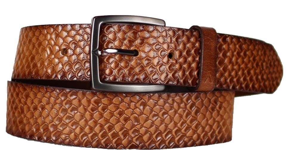 Alberto Men’s Leather Belt in Tan with Textured Pattern and Antique Buckle B8614-550 – Mondo Uomo