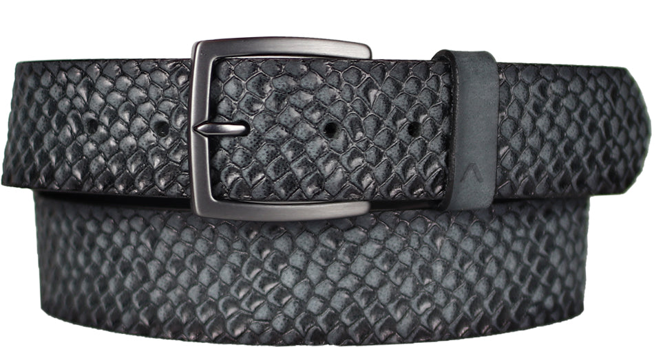 Alberto Men’s Leather Belt in Blue with Textured Pattern and Antique Buckle B8614-880 – Mondo Uomo