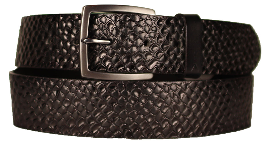 Alberto Men’s Leather Belt in Black with Textured Pattern and Antique Buckle B8614-990 – Mondo Uomo