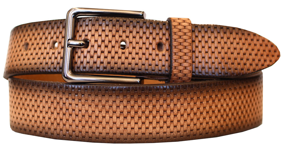 Alberto Men’s Leather Belt in Tan with Link Weave Pattern and Antique Buckle B8615-520 – Mondo Uomo