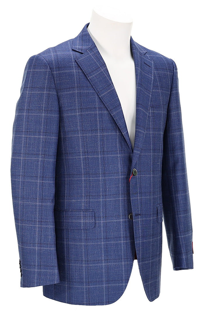 Byron Men’s Blue and White Check Sport Coat with Contemporary Fit Angled View - Mondo Uomo