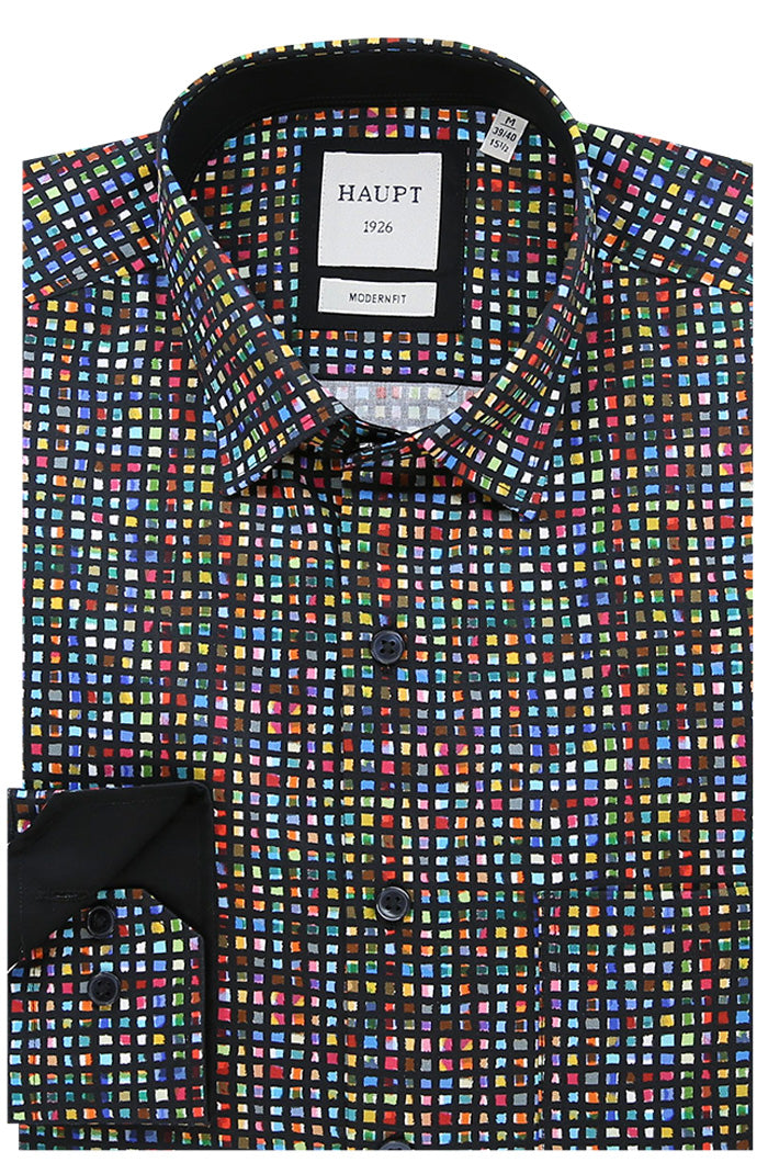 Haupt Men's Long Sleeve Shirt in Modern Fit With Multicolored Squares - Mondo Uomo