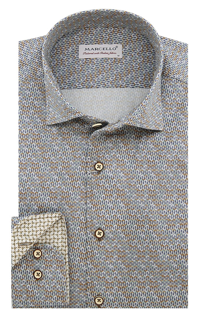 Marcello Beige Print Long Sleeve Shirt - Designer Men's Dress Shirt