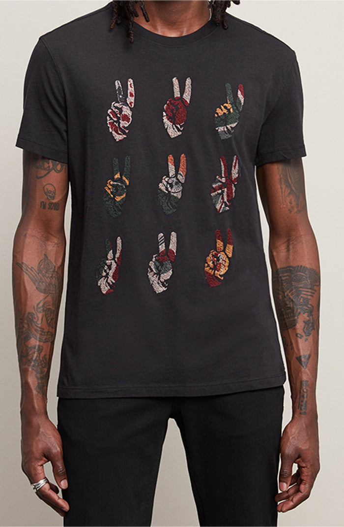 John Varvatos Multi Peace Hand Men’s Graphic Tee in Vintage Black Cotton with Embroidery On Model