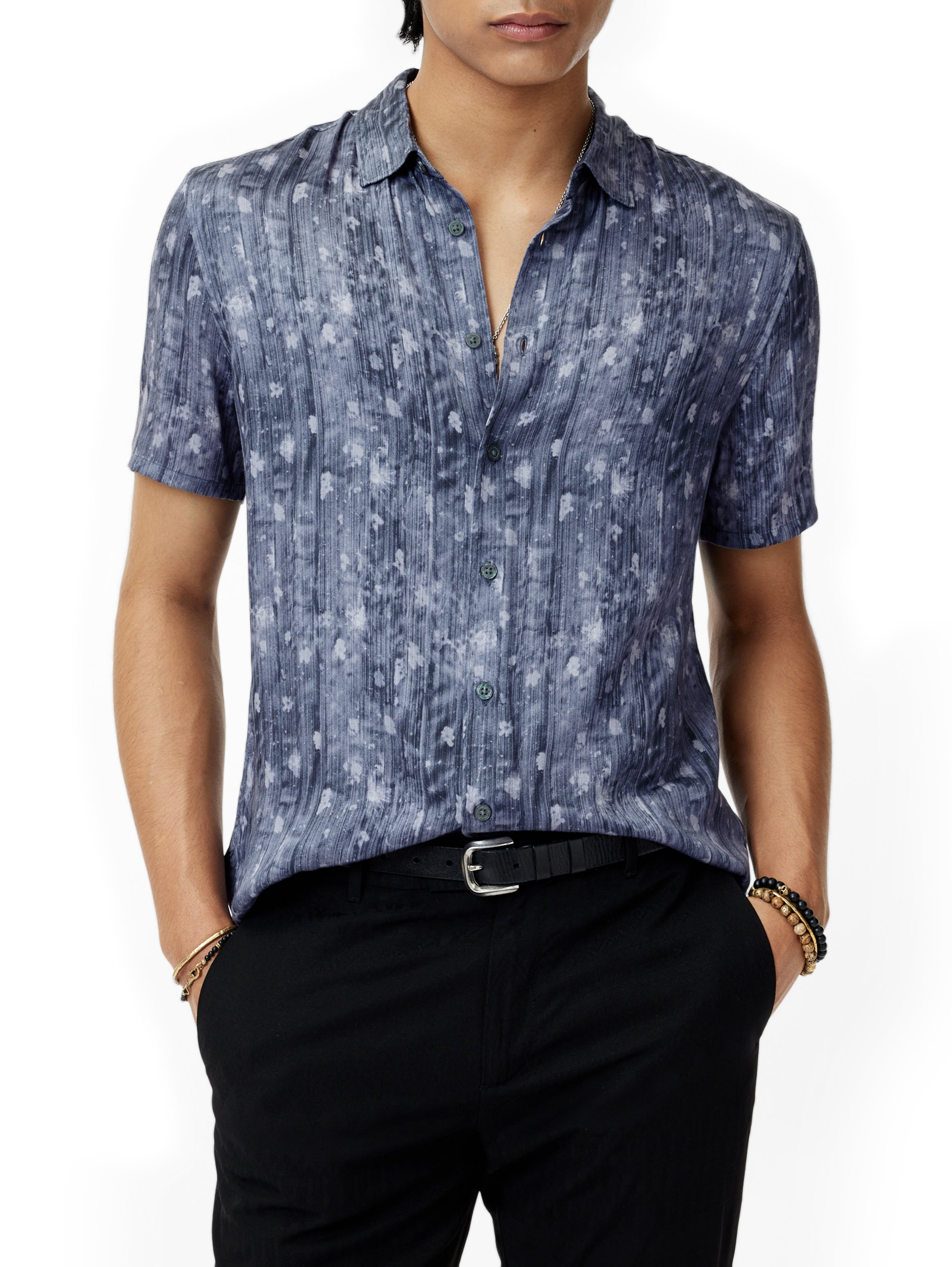 John Varvatos Sean Men's S/S Shirt in Blue Smoke On Model - Mondo Uomo