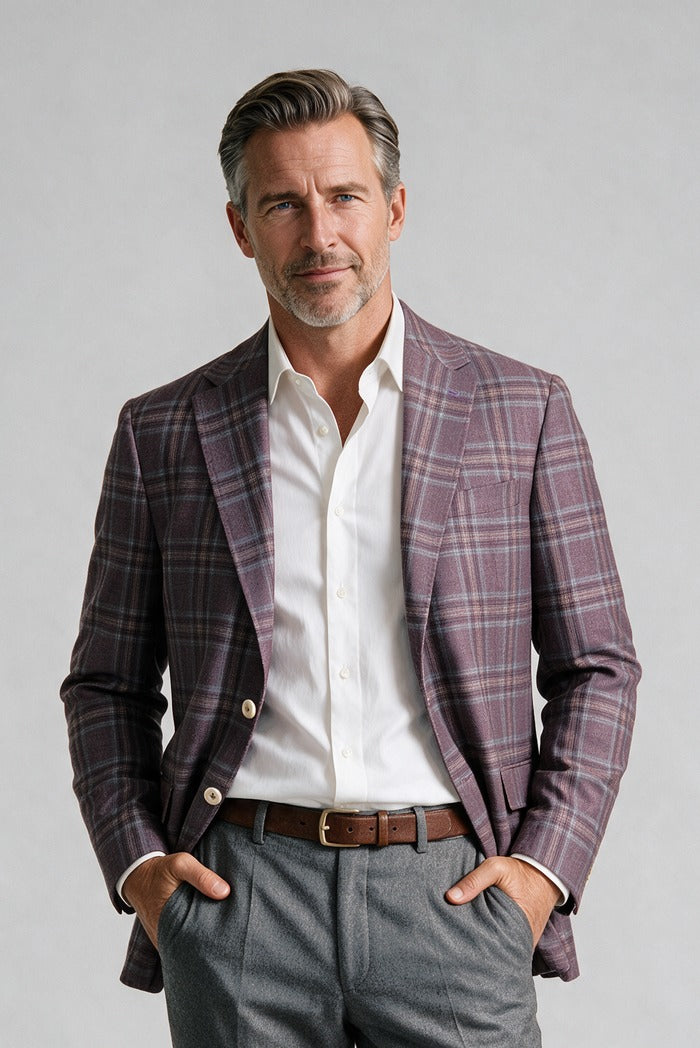 7 Downie Sette Catania Glen Plaid Sport Coat, Burgundy – view 2