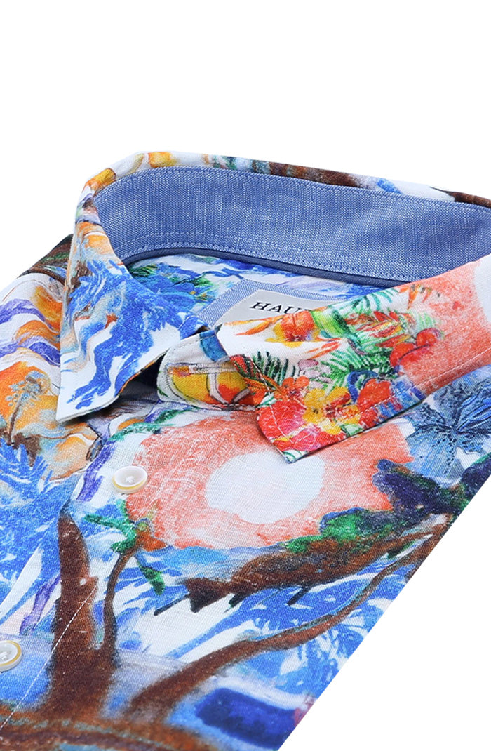 Haupt Short Sleeve Men's Shirt In Watercolor-Inspired Coastal Print 8078-2904 Close Up
