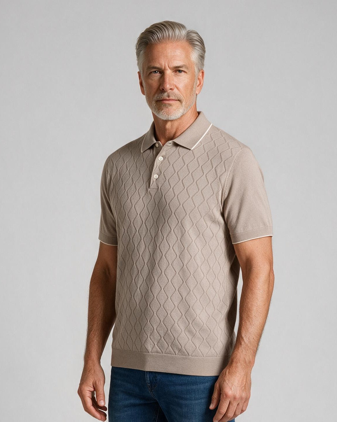 Bugatchi S/S Argyle Polo Sweater, Oatmeal, detail | Mondo Uomo Naples FL