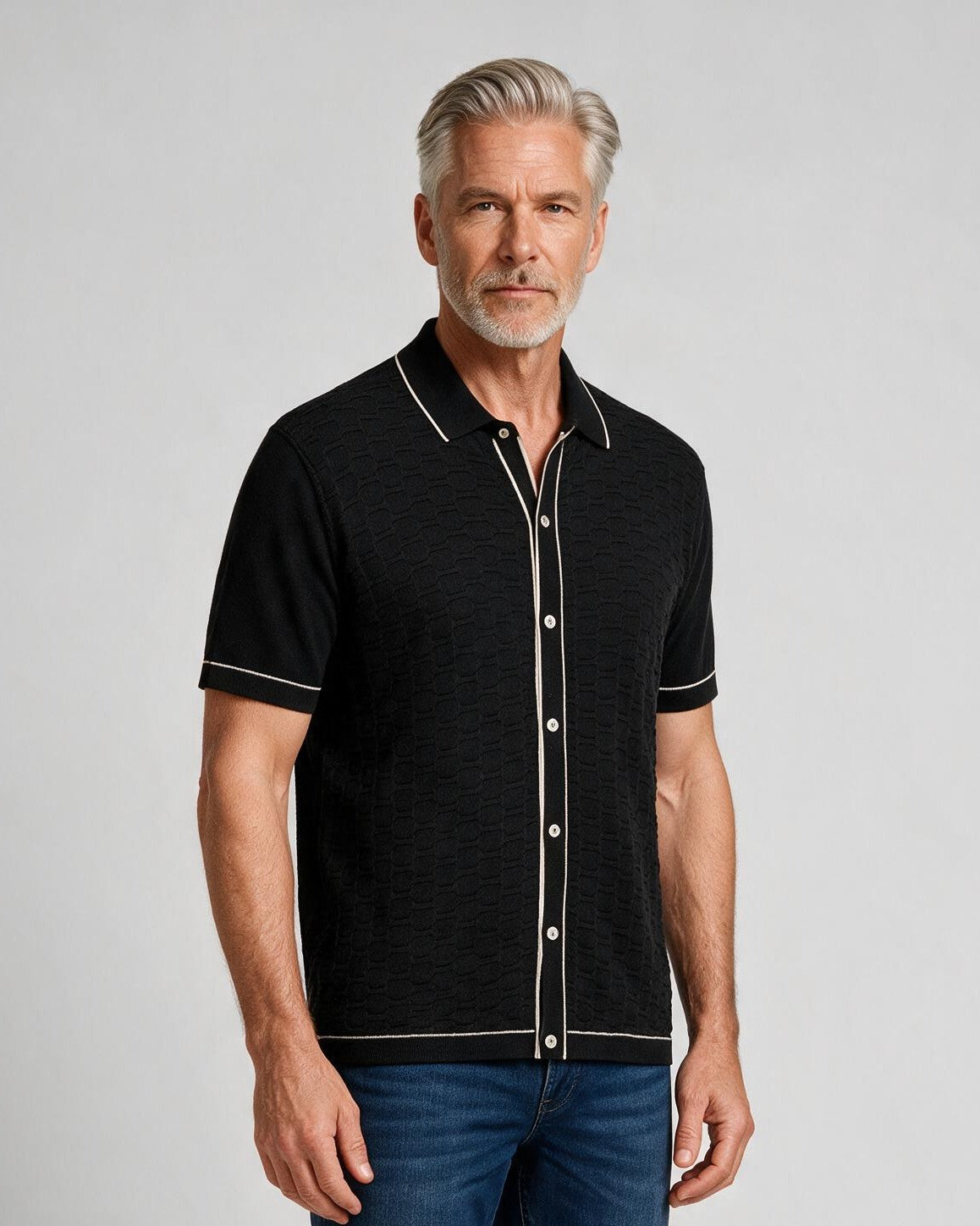 Bugatchi S/S Shirt Sweater, Black, detail | Mondo Uomo Naples FL