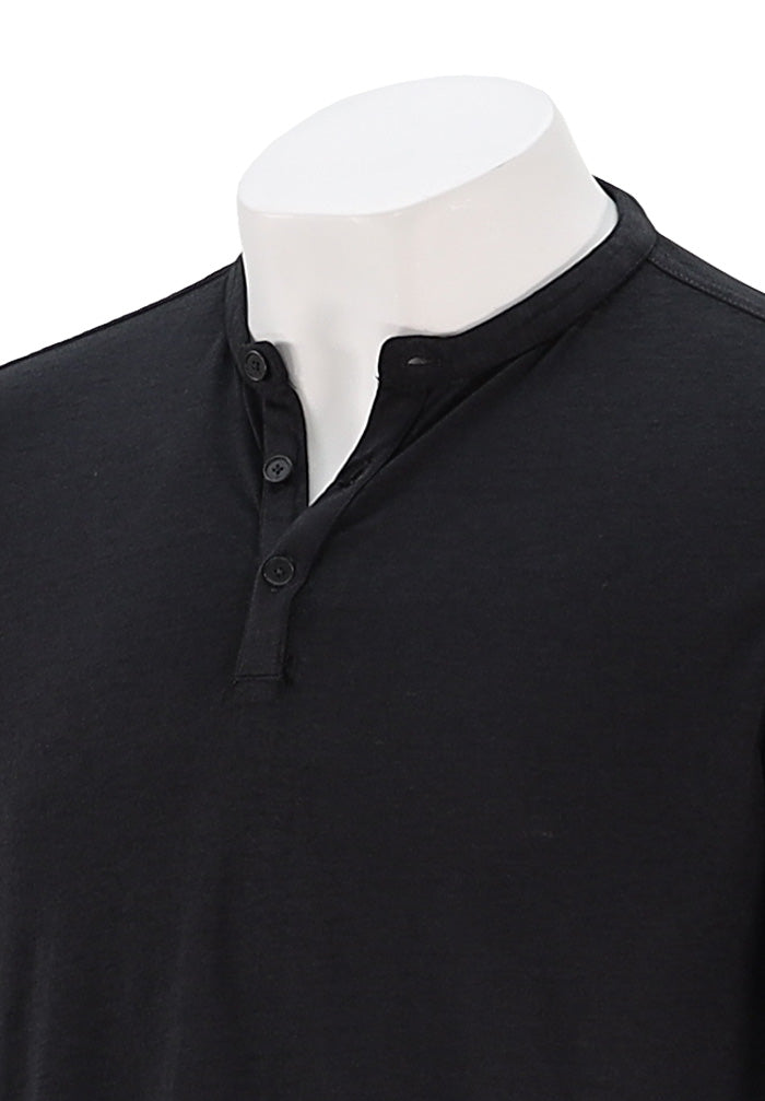 John Varvatos Duke Men’s Short Sleeve Henley in Black Cotton Blend Close Up
