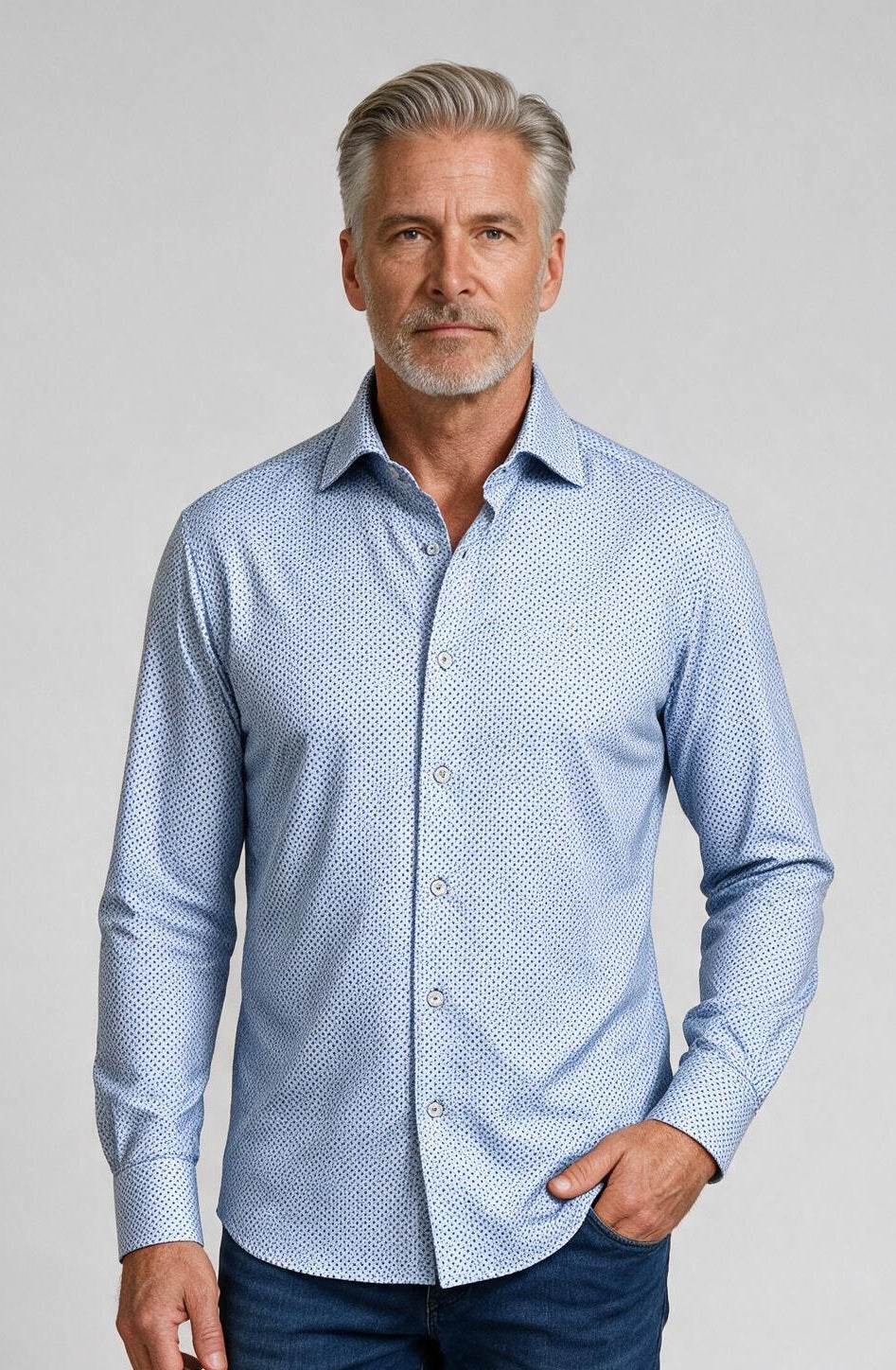 Marcello Dotted Blues Long Sleeve Shirt — model detail