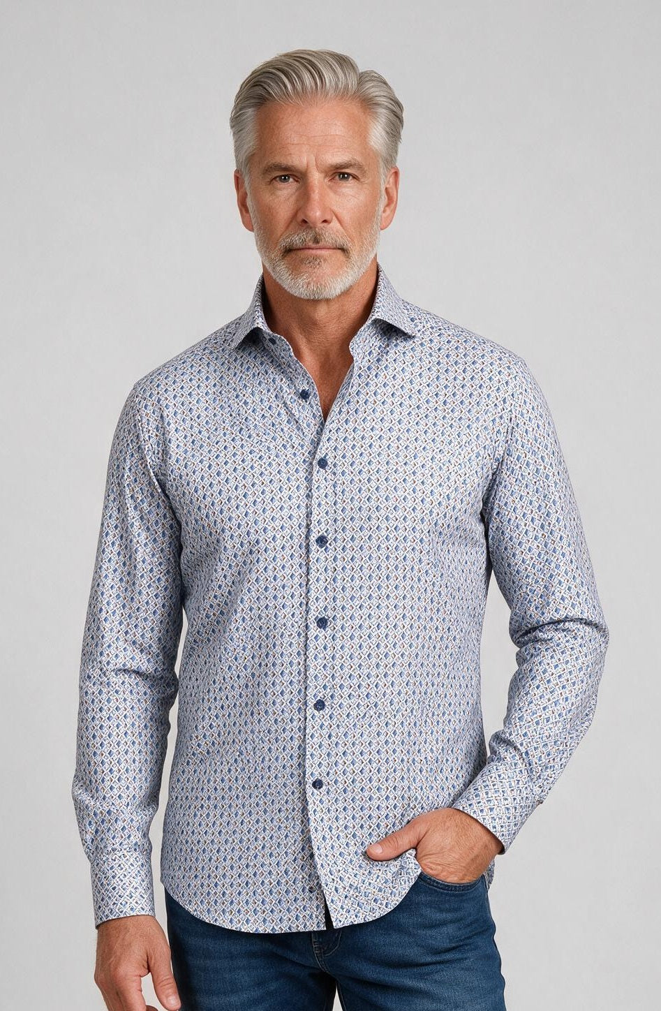Marcello Rotated Indigo Long Sleeve Shirt — model detail
