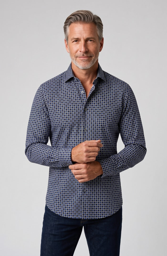 Marcello Circle Medallion Long Sleeve Shirt, Navy — model detail