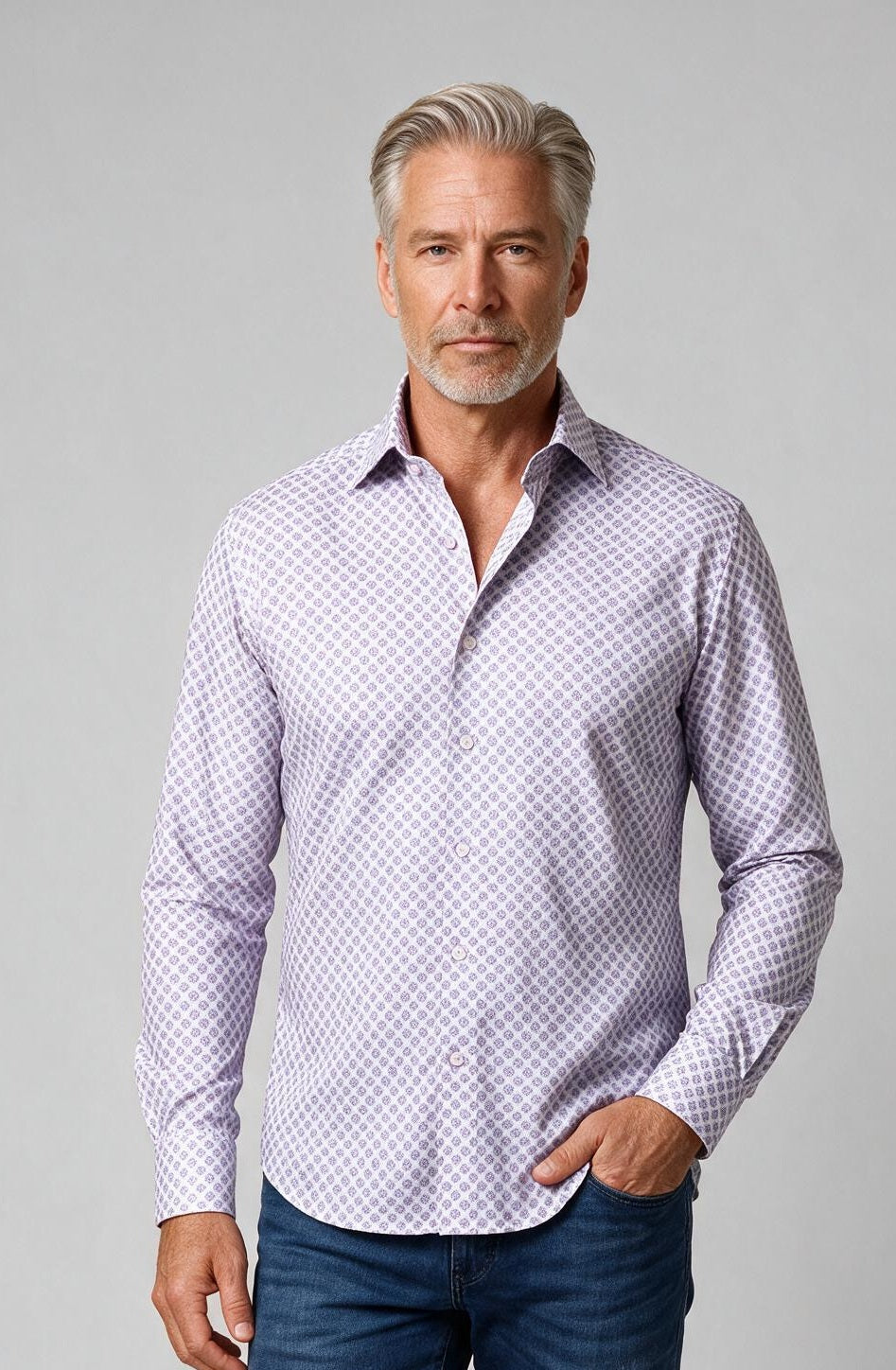 Marcello Plum Circle Medallion Long Sleeve Shirt — model detail