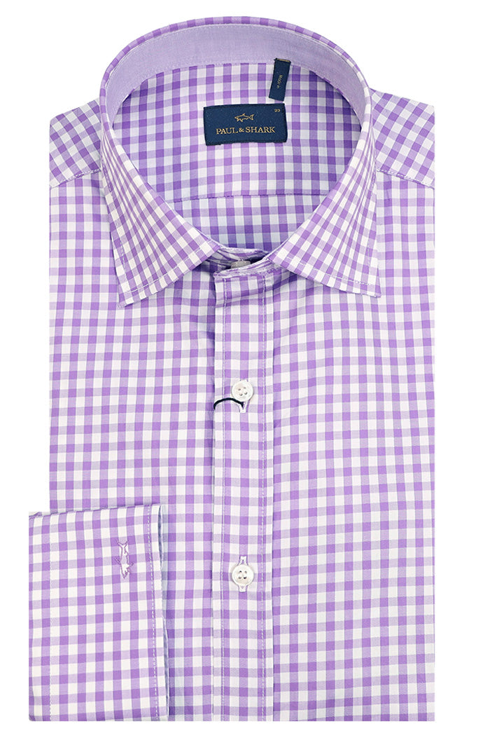 Paul & Shark Men’s Purple and White Check Cotton Long Sleeve Shirt – Mondo Uomo