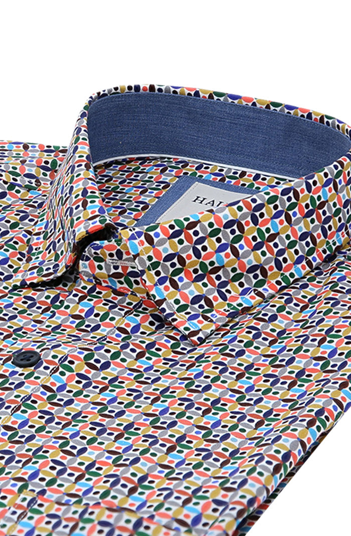 Haupt Men's Long Sleeve Shirt in Modern Fit With Vibrant Multicolored Tones Close Up 9070-2314