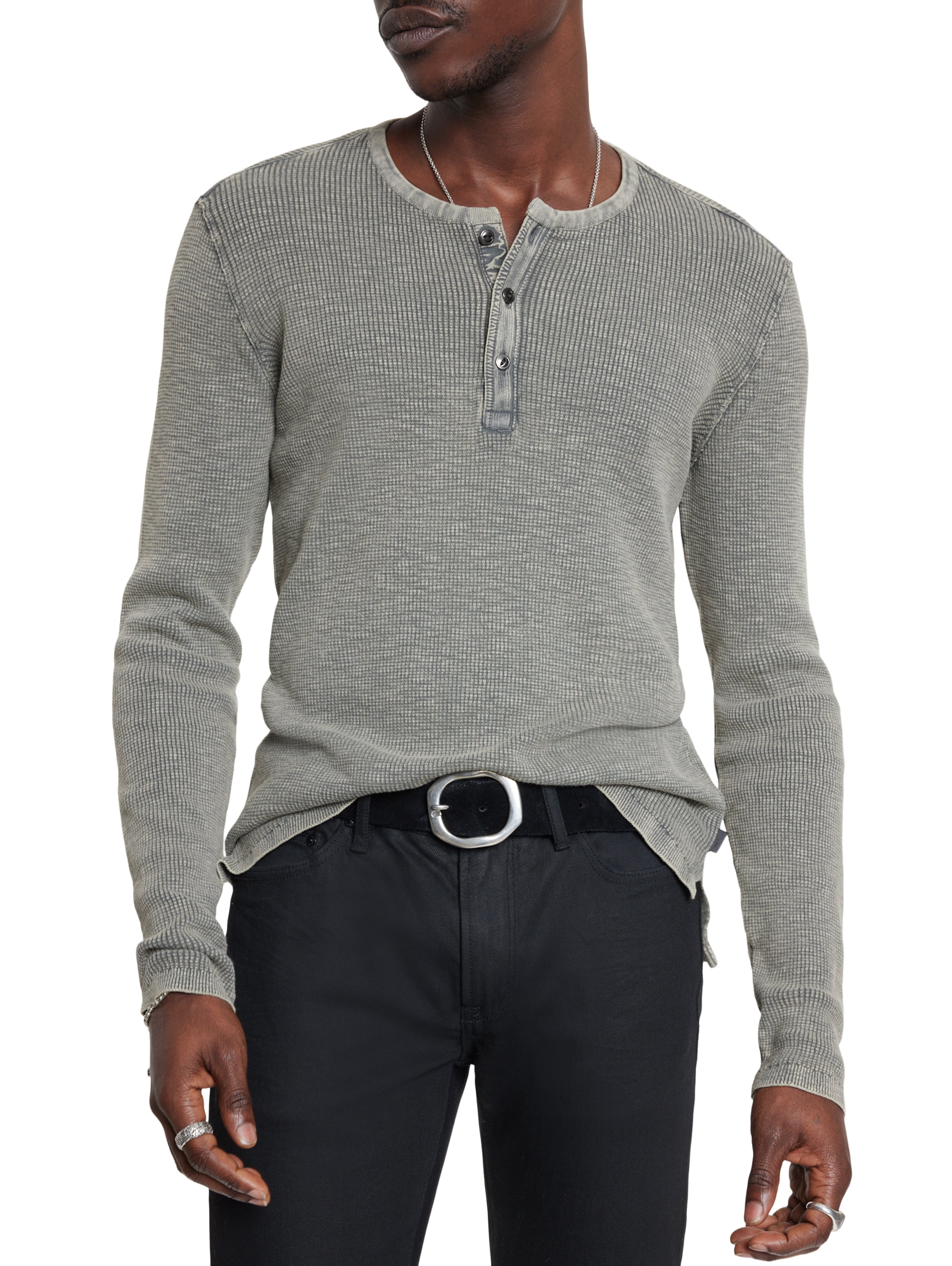 John Varvatos Memphis Men’s Grey Heather Waffle Henley Long Sleeve On Model