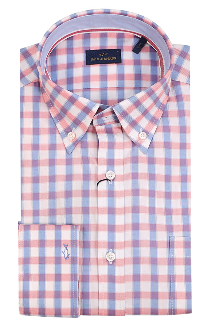 Paul & Shark Men’s Pink and Blue Check Cotton Long Sleeve Button Down Shirt – Mondo Uomo