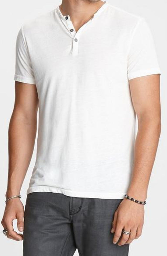John Varvatos Duke Men’s White Short Sleeve Henley Shirt On Model- Mondo Uomo