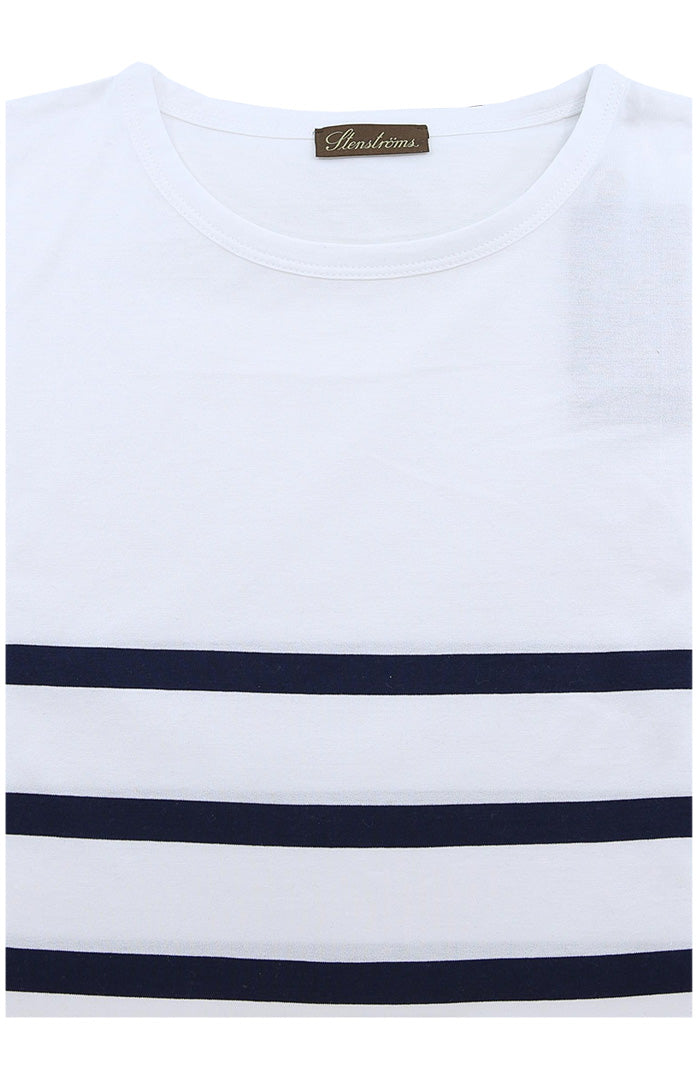 Stenstroms Men's S/S Cotton Crew Neck In White With Navy Stripes 440065 2488-  Mndo Uomo