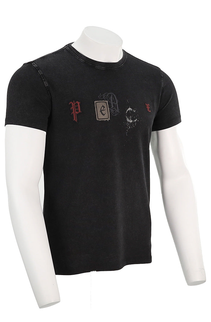 John Varvatos Short Sleeve Peace Tee For Men In Black Angled View KG6819R24-BQM14B