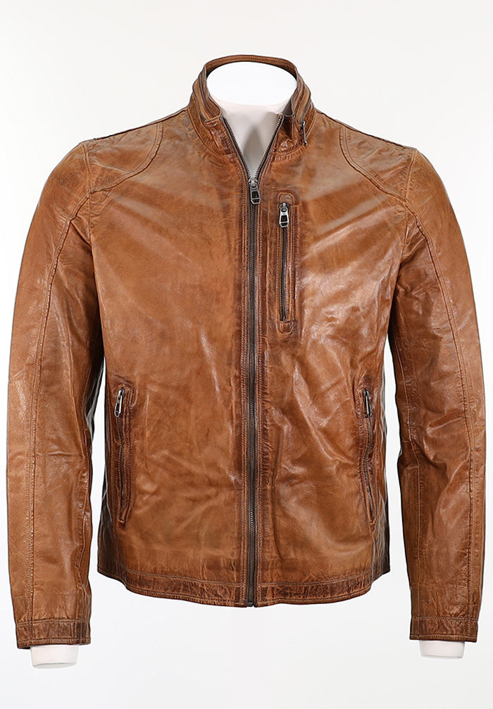 Milestone Edward Men’s Brown Leather Jacket with Zipper Front and Stand Collar – Mondo Uomo