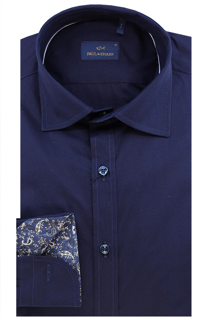 PAUL & SHARK Men's Cotton Poplin Shirt In Navy with Paisley Cuff Detail 14313041CF-013 - Mondo Uomo