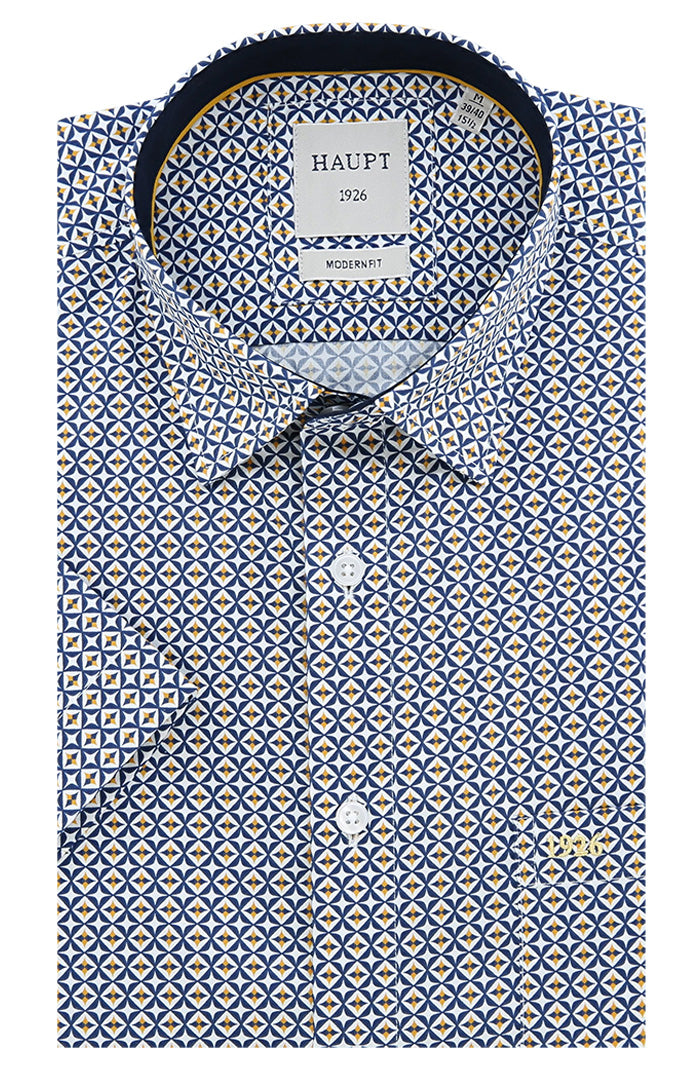 Haupt Men’s Short Sleeve Shirt in Navy and Mustard Tile Print Cotton – Mondo Uomo