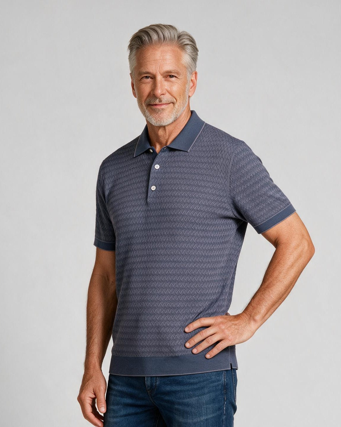 Bugatchi S/S Polo Sweater, Hazy Blue, detail | Mondo Uomo Naples FL