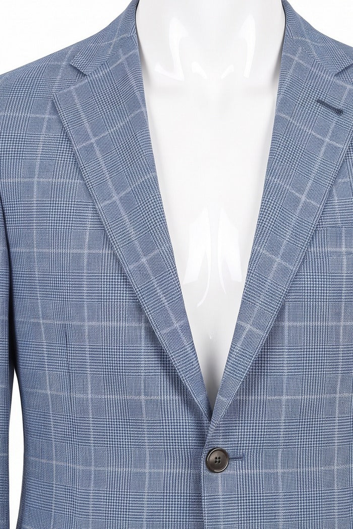 Corneliani Academy Light Wool Glen Check Sport Coat, Light Blue – lapel and fabric detail