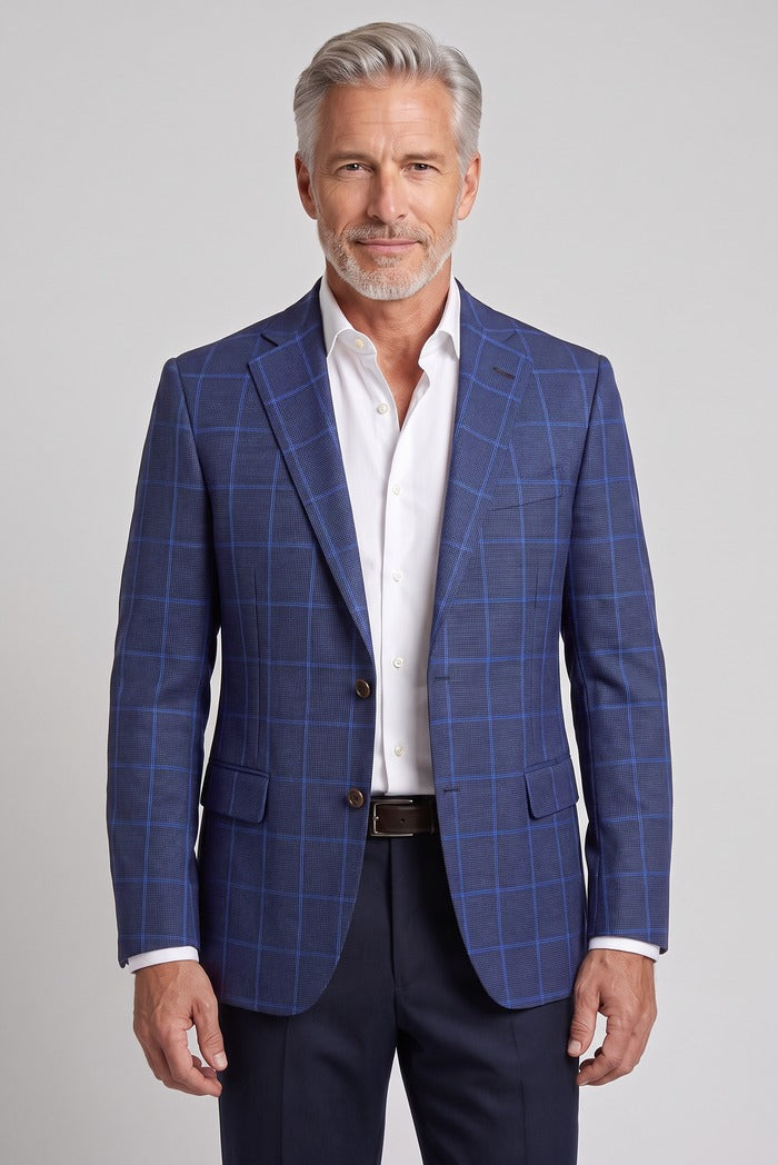 Corneliani Academy Light Wool Windowpane Sport Coat, Navy – worn by model, close-up