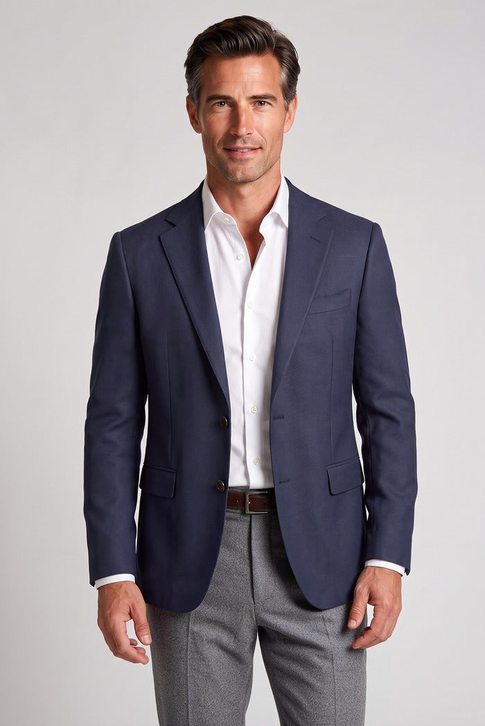 Corneliani Academy Light Wool Hopsack Blazer, Navy – worn by model, close-up