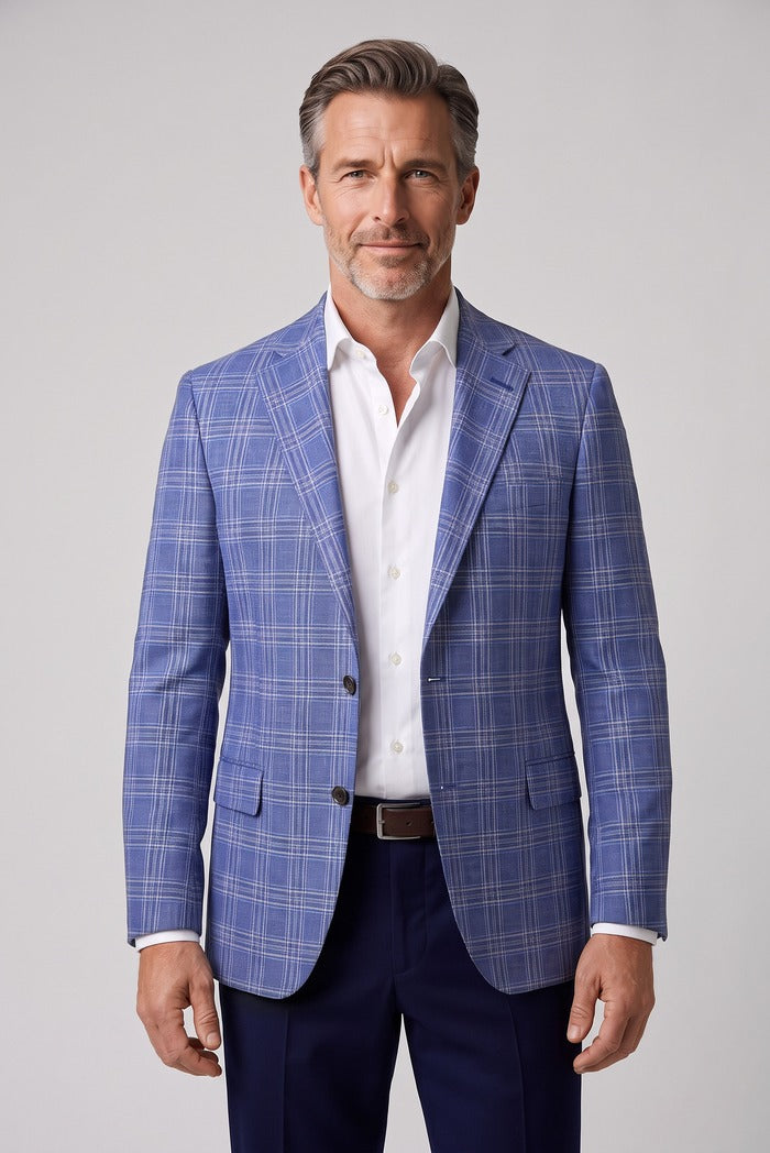 Corneliani Academy Light Wool Plaid Sport Coat, Blue – worn by model, close-up