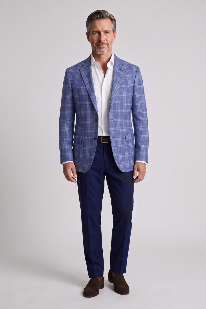 Corneliani Academy Light Wool Plaid Sport Coat, Blue – full-length on model