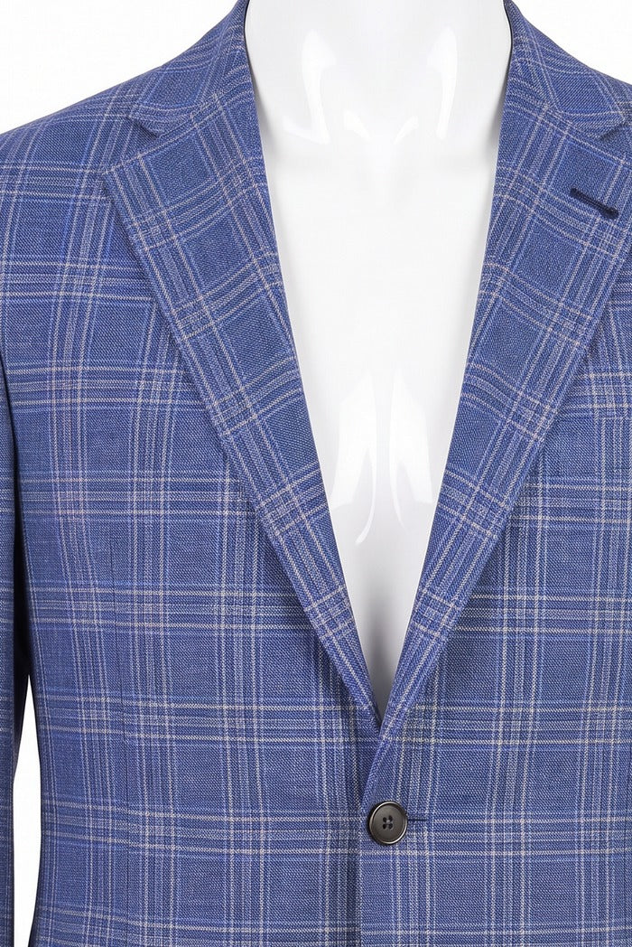 Corneliani Academy Light Wool Plaid Sport Coat, Blue – lapel and fabric detail