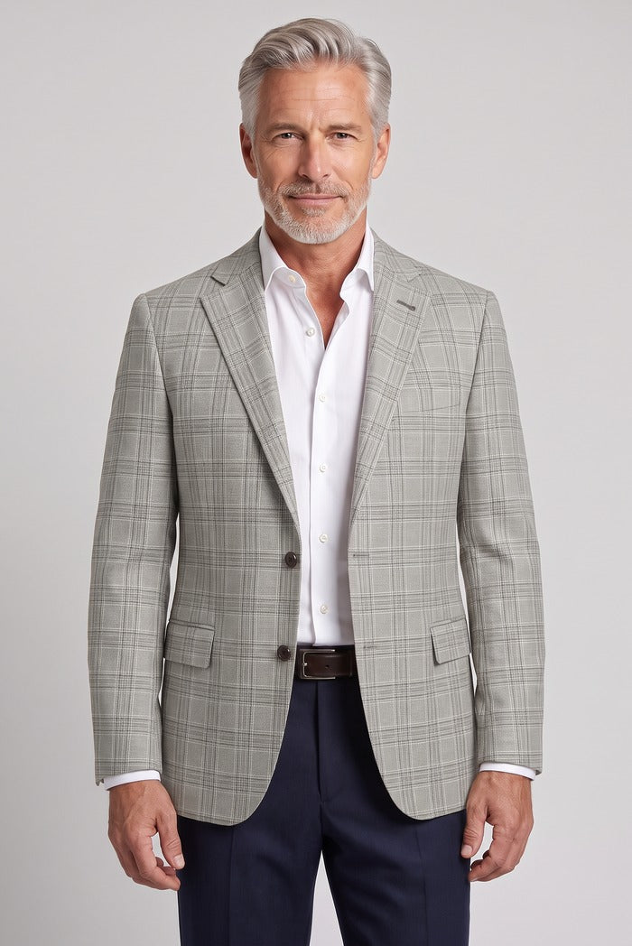 Corneliani Academy Light Wool Plaid Sport Coat, Taupe – worn by model, close-up