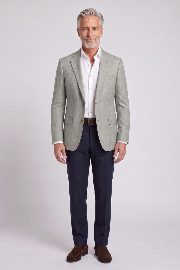 Corneliani Academy Light Wool Plaid Sport Coat, Taupe – full-length on model