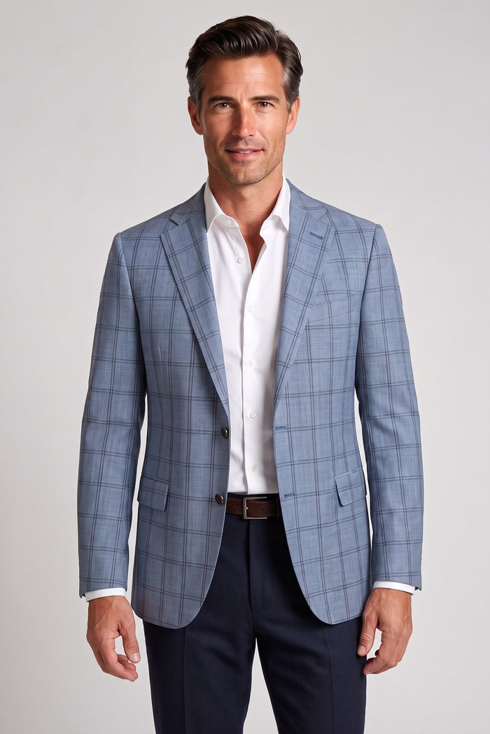 Corneliani Academy Light Wool Windowpane Sport Coat, Blue – worn by model, close-up