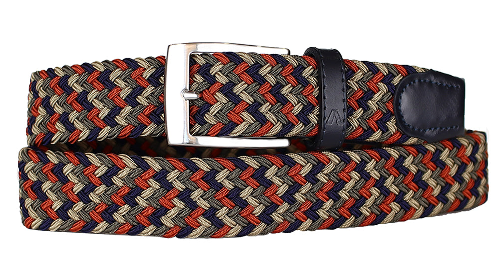 Alberto Men's Braided Stretch Fabric Belt in Tan Navy and Rust with Silver Buckle - Mondo Uomo