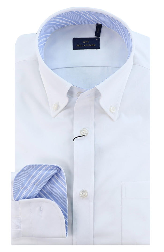 Paul & Shark Men’s White Long Sleeve Button Down Shirt with Pinstripes and Contrast Collar Detail – Mondo Uomo