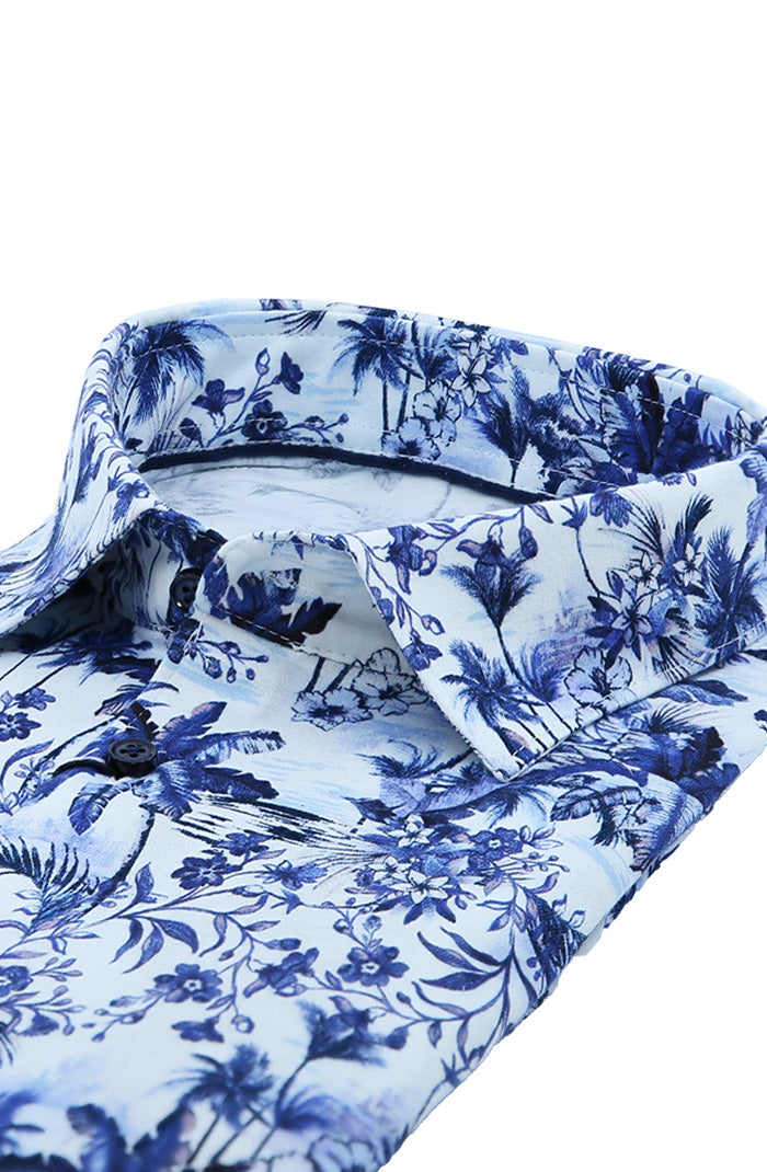 Desoto Men's Short Sleeve Cotton Shirt Side View in Blue and Ivory Tropical Print 810-32-3